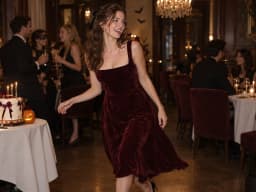A woman in a burgundy dress dancing at a Halloween party.