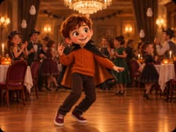 A cartoon boy in a cape dancing at a Halloween party.