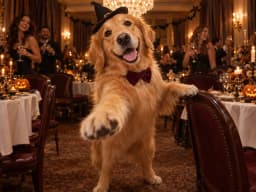 A golden retriever wearing a witch hat and bowtie at a Halloween party.