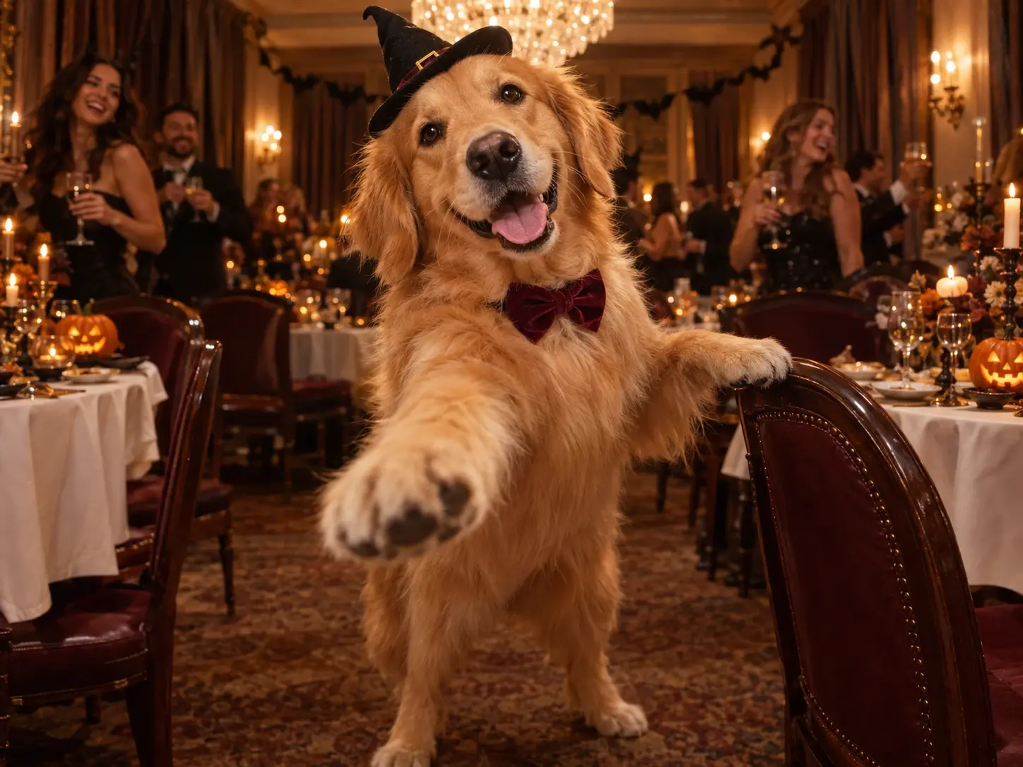 A golden retriever wearing a witch hat and bowtie at a Halloween party.