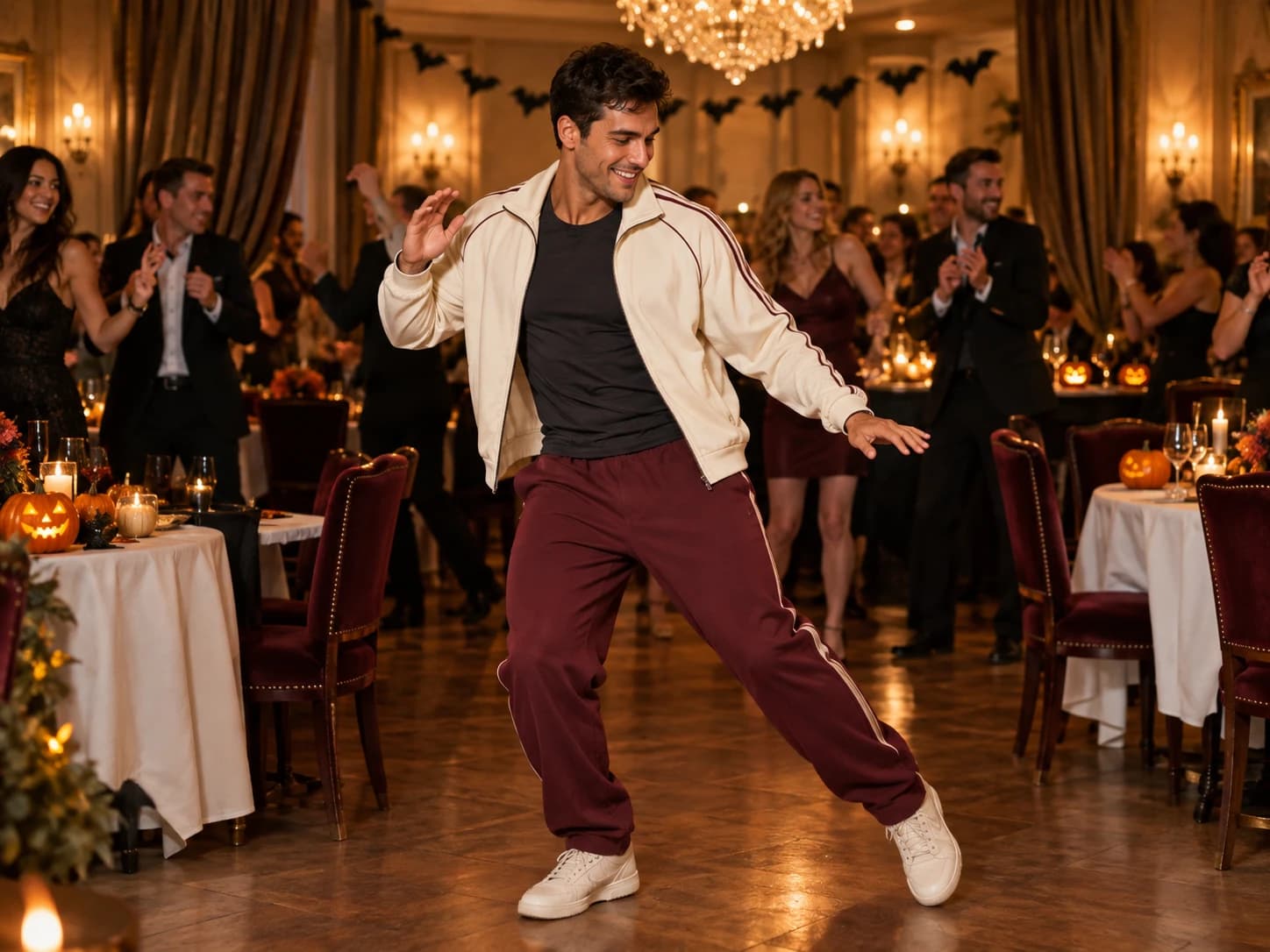 A man in sportswear dancing at a Halloween party.
