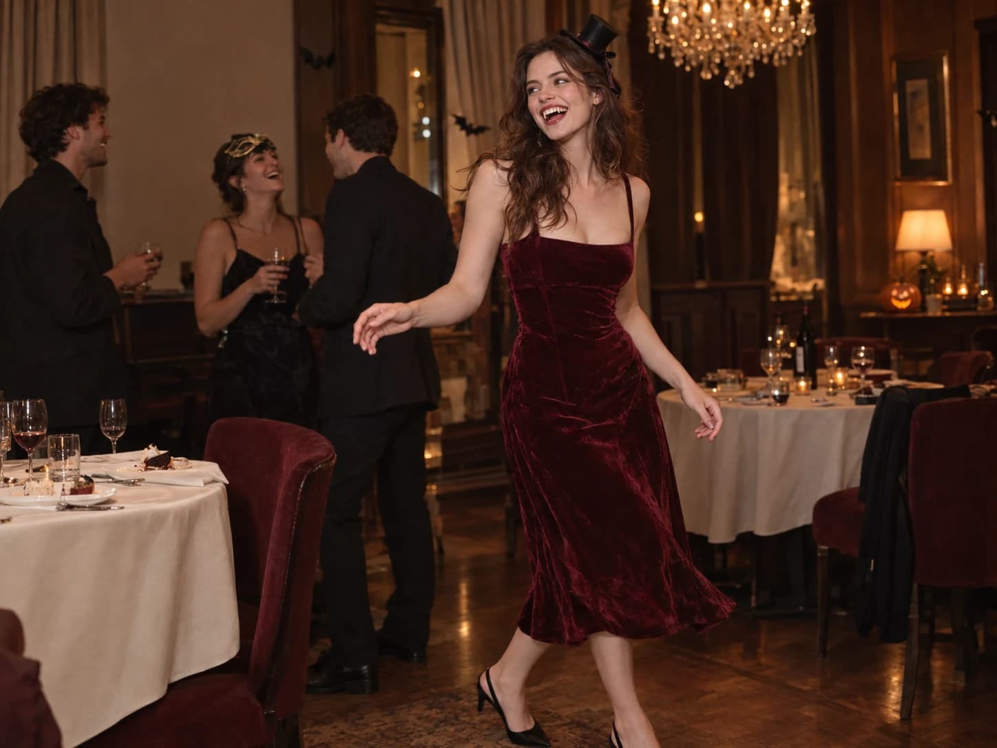 A woman dancing under chandeliers at a Halloween party.