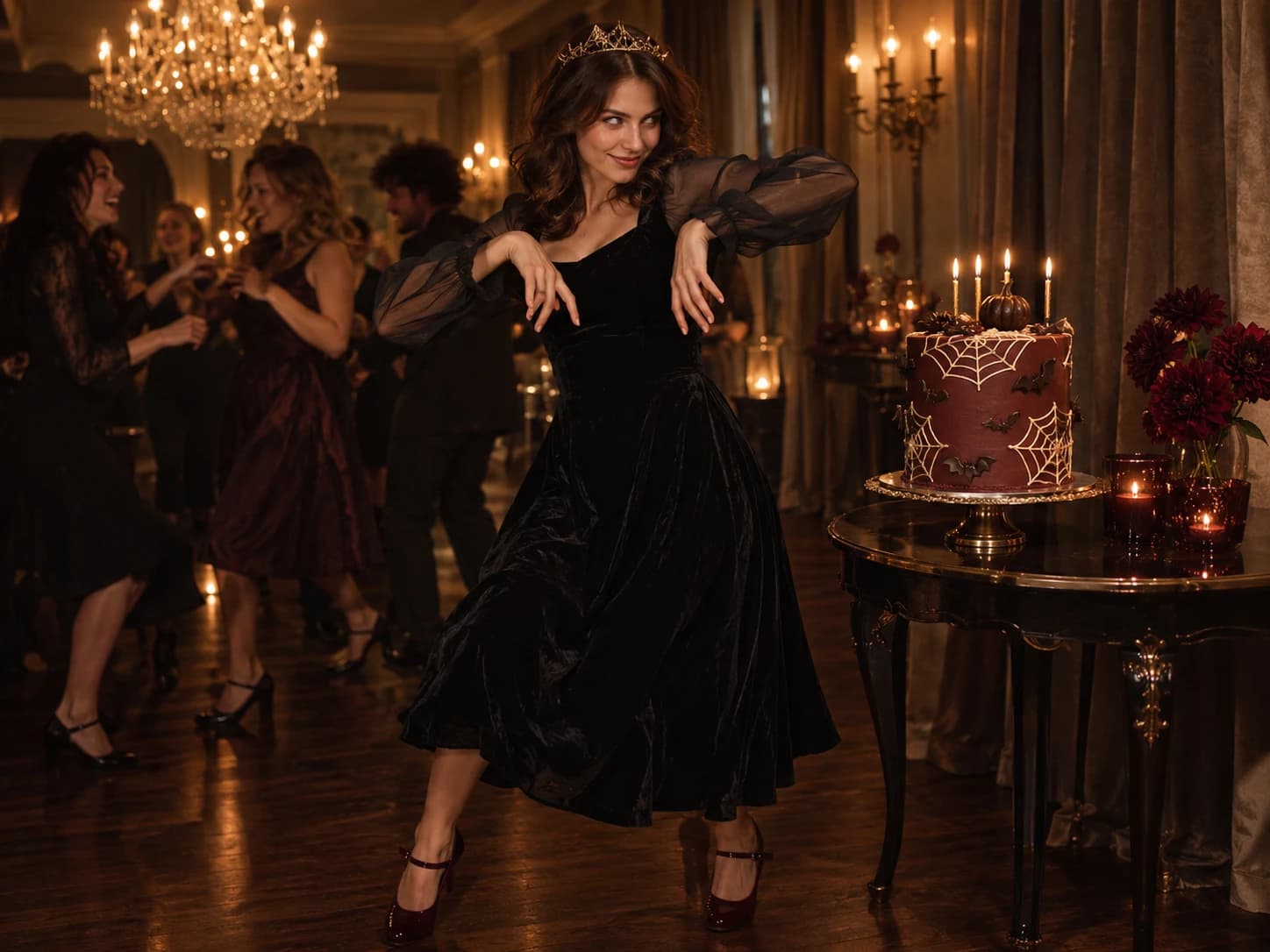 A woman in a black dress dances beside a cake at a chandelier-lit party.
