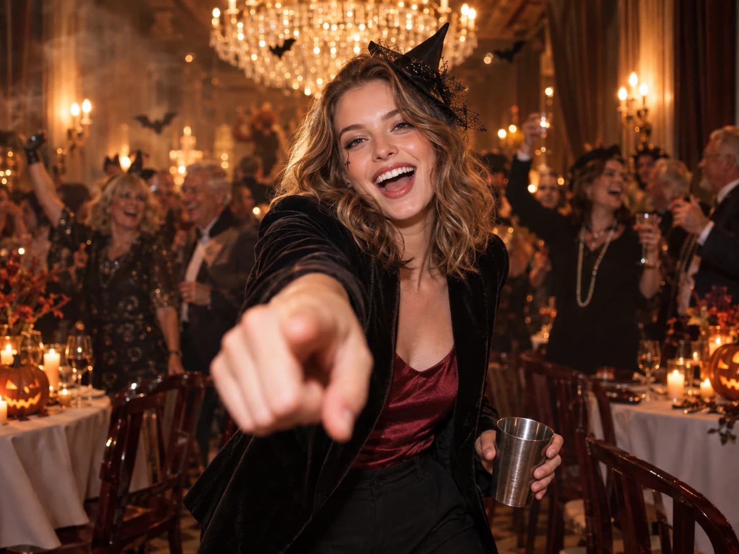 A smiling woman in a witch hat points at the camera during a chandelier-lit party.