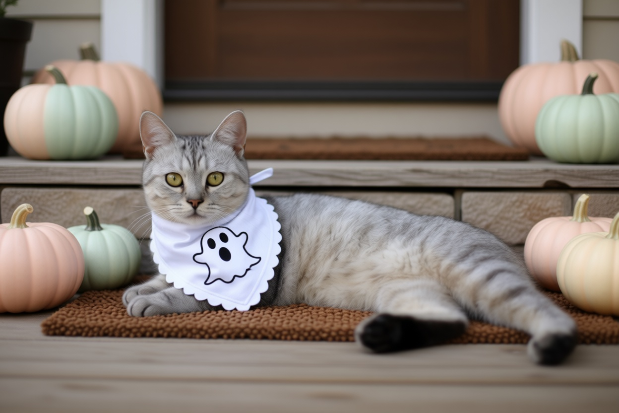 Boo Bandana cat wearing a white scalloped ghost-print bandana on a doorstep surrounded by pastel pumpkins