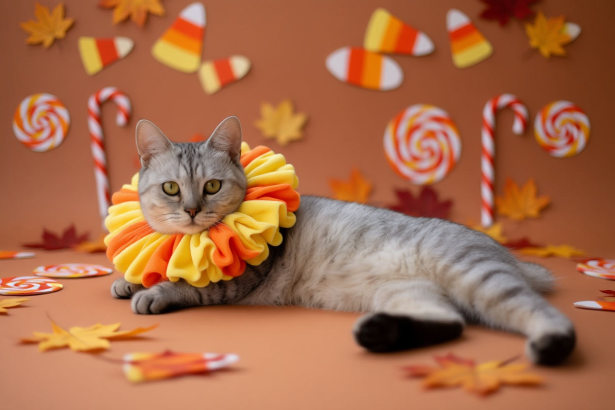 Candy Corn Cutie cat wearing a yellow and orange ruff against an autumn backdrop with candy decorations