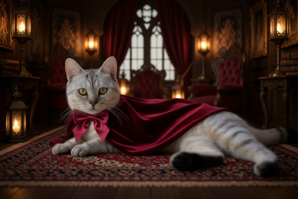 Count Whiskers cat wearing a burgundy velvet cape and satin bow in a gothic parlor lit by warm lanterns