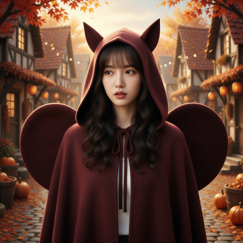 Cozy Bat in a burgundy bat-eared hood and cape with rounded wings in an autumn village