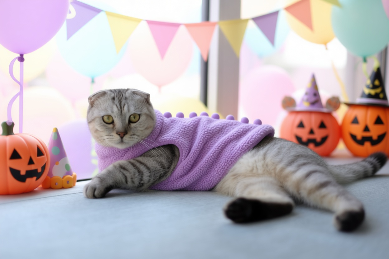 Cozy Monster cat wearing a fuzzy lilac vest with rounded back spikes at a pastel Halloween party