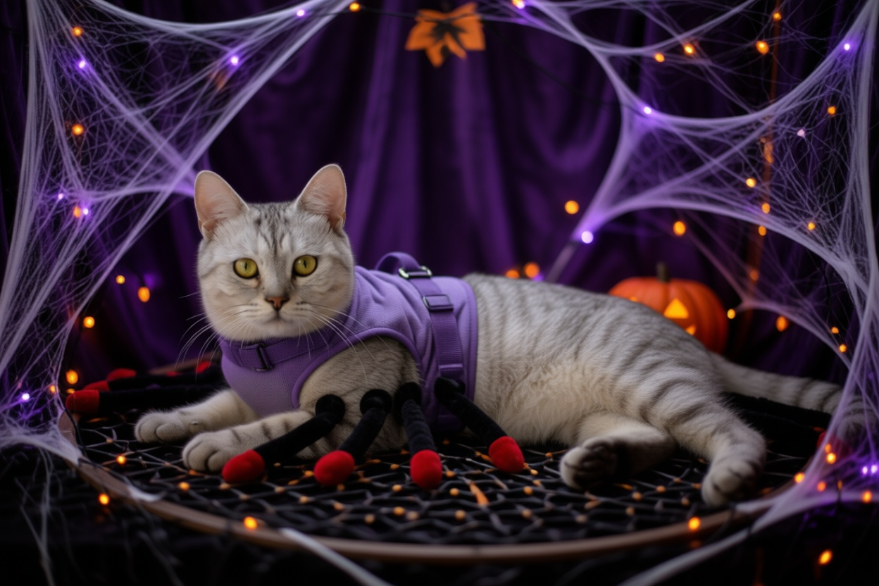 Fluffy Spider cat wearing a purple harness with plush spider legs among decorative cobwebs and Halloween lights