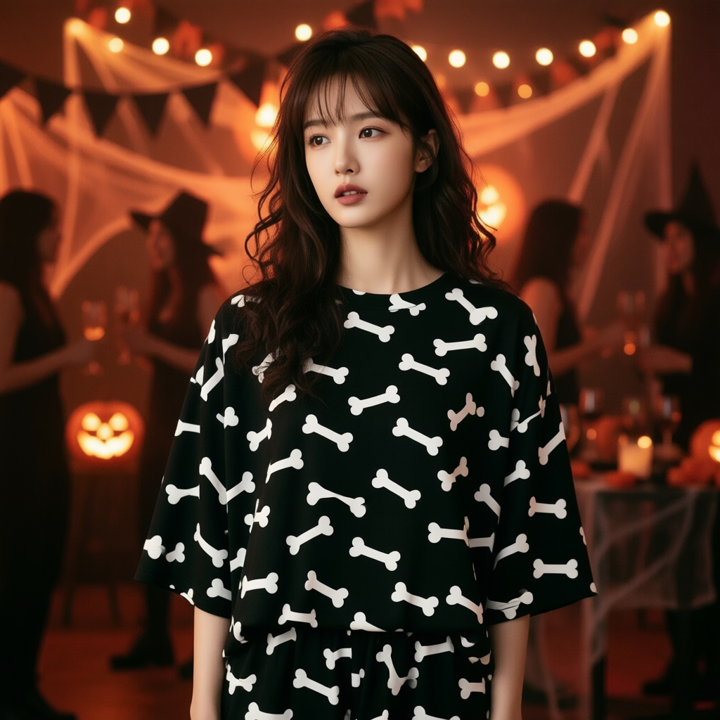 Friendly Skeleton look with a loose black outfit covered in white bone prints at a warmly lit Halloween party