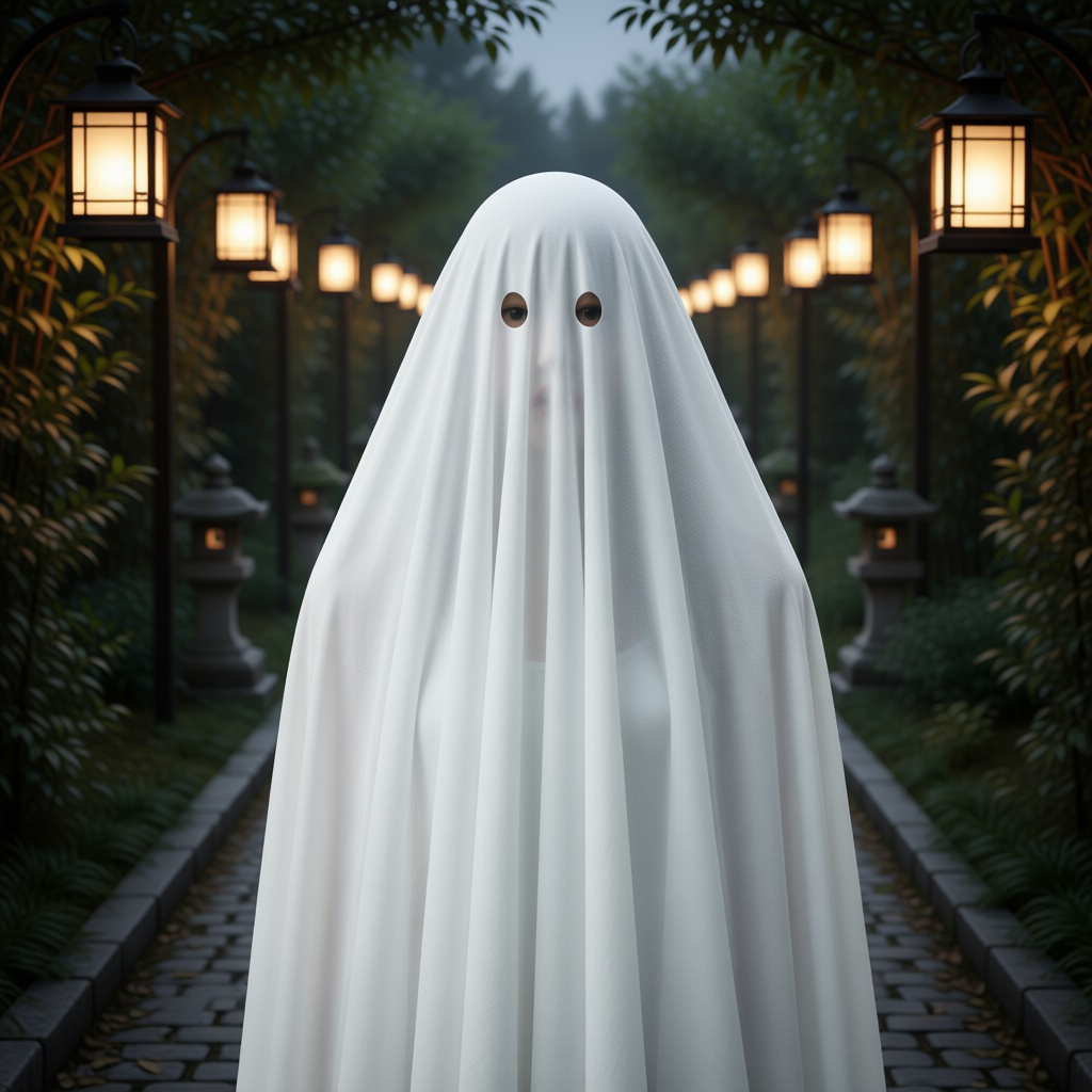 Little Ghost in a flowing white sheet with eye openings on a lantern-lined garden path