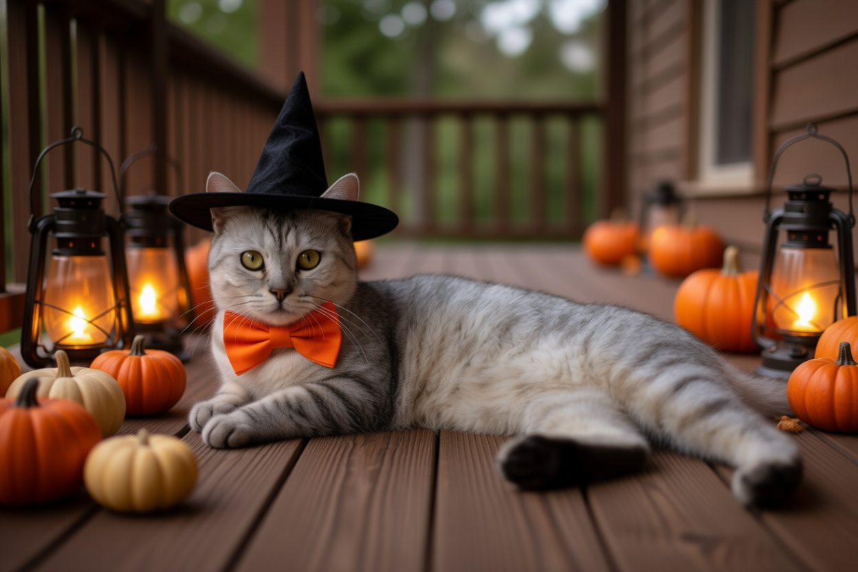 Little Witch cat wearing a black pointed hat and orange bow tie on a porch with pumpkins and lanterns