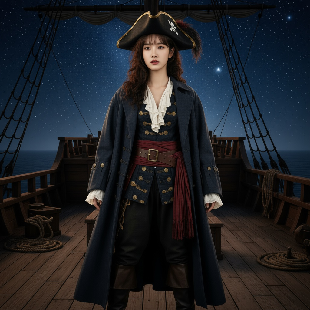 Midnight Pirate in a tricorn hat and long dark coat on a wooden ship under a starry sky