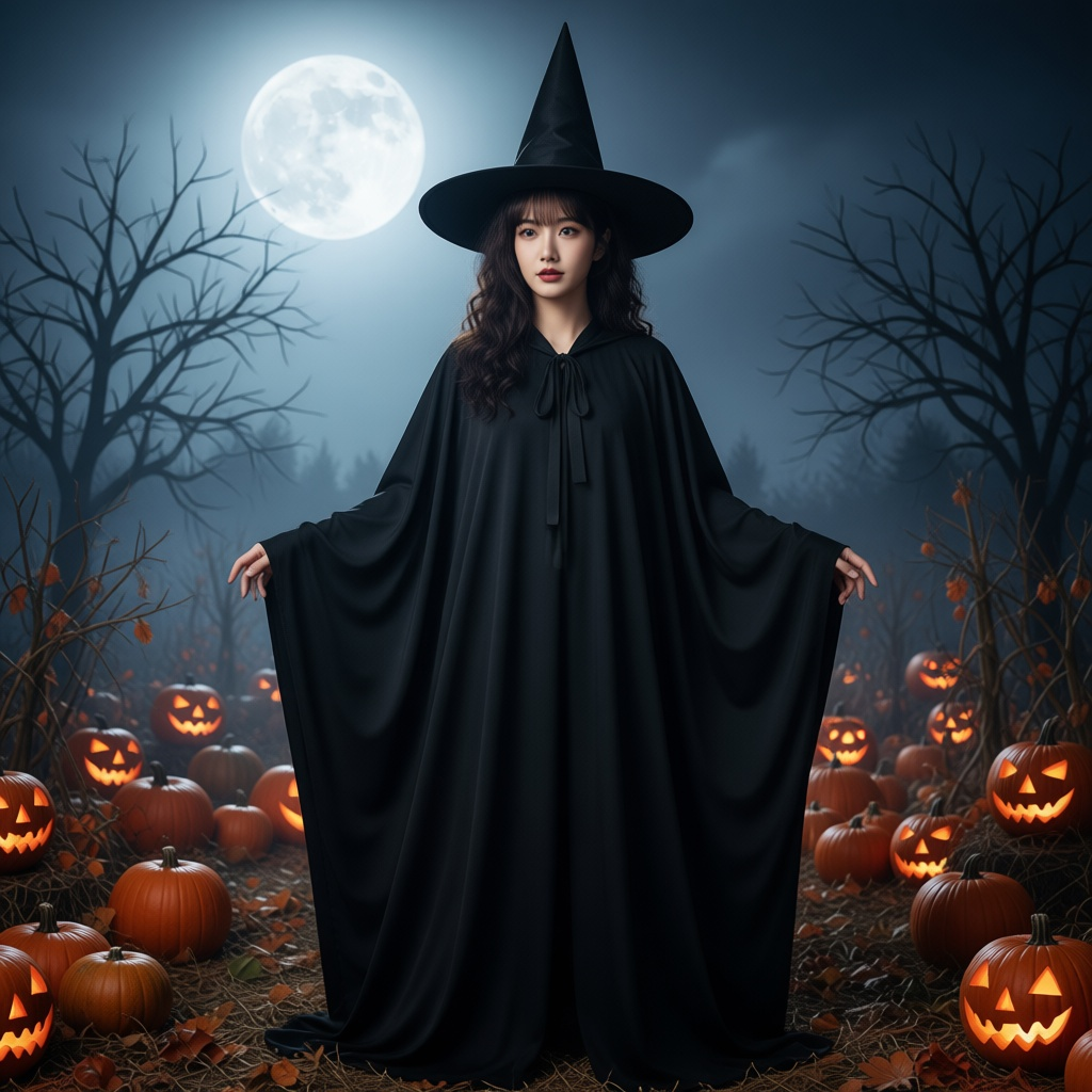 Moonlight Witch in a black pointed hat and flowing robe among pumpkins under a full moon