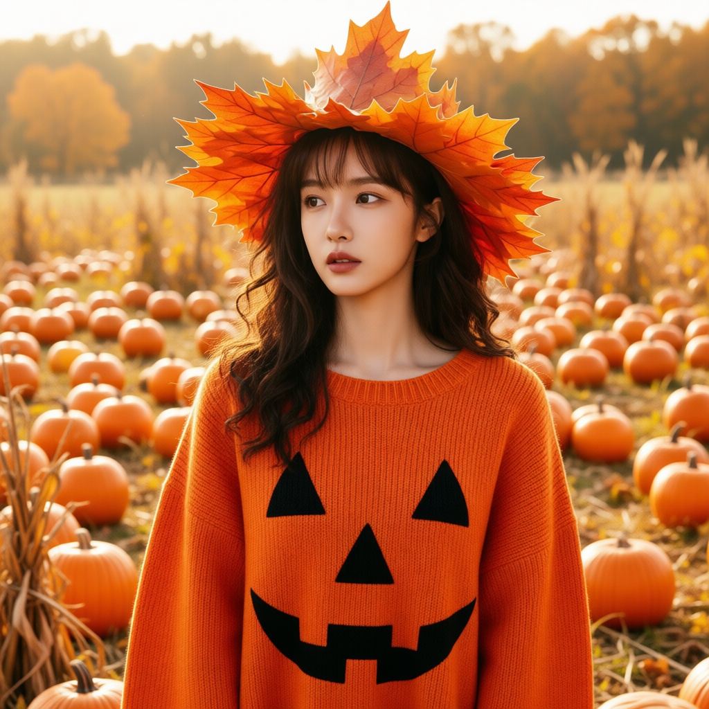 Pumpkin Party look with an orange jack-o-lantern sweater and a leaf hat in an autumn pumpkin patch