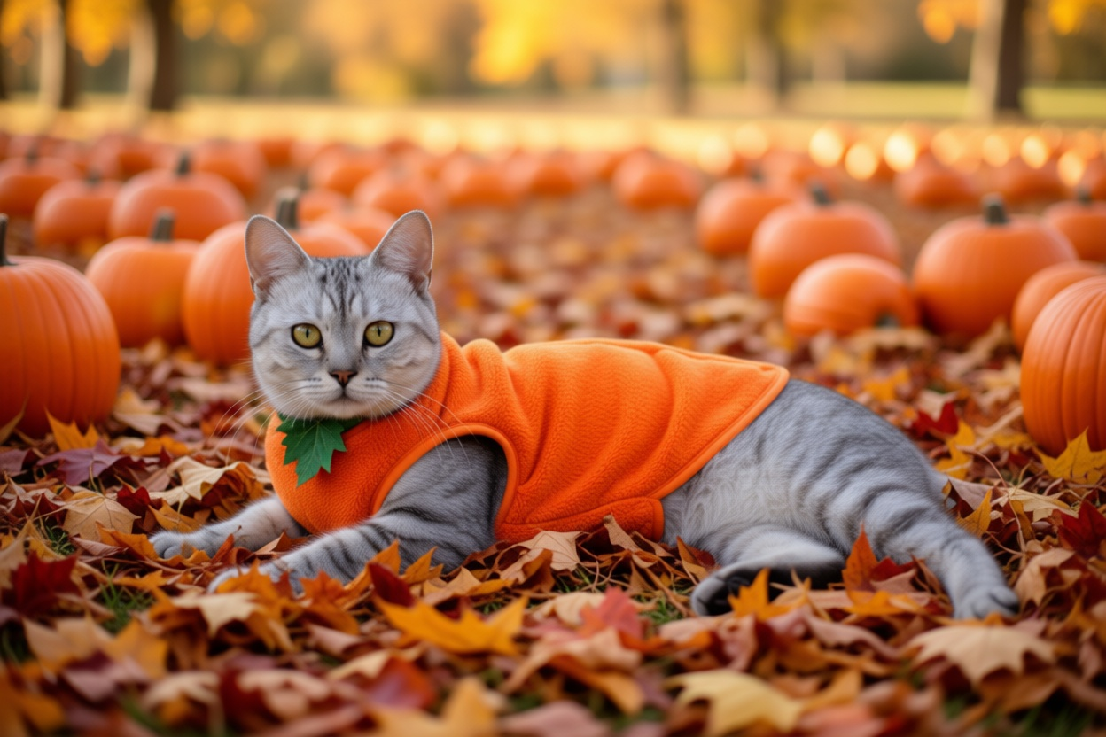 Pumpkin Puff cat wearing an orange pumpkin vest with a green leaf collar among pumpkins and autumn leaves