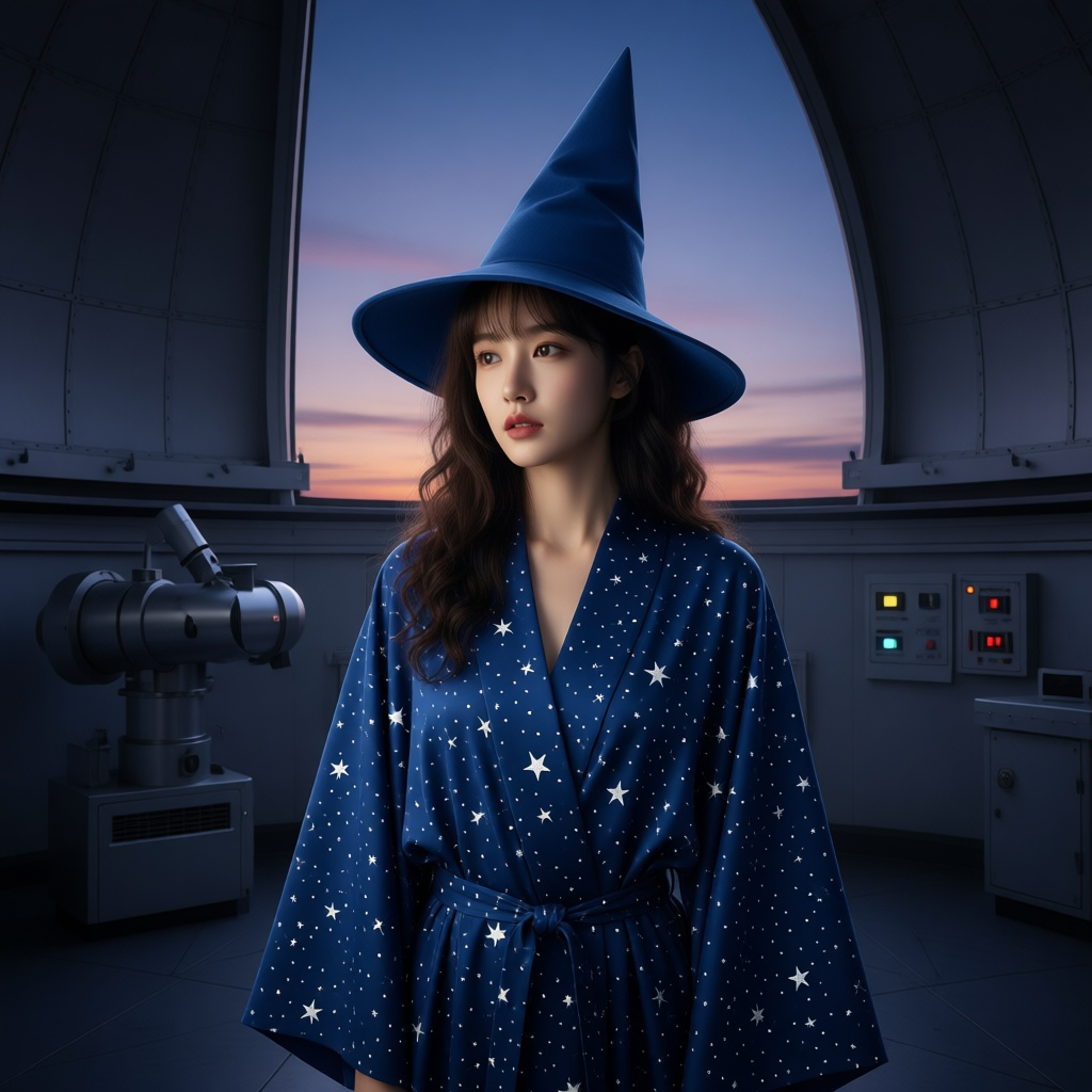 Starry Wizard in a blue pointed hat and star-patterned robe inside an observatory at twilight