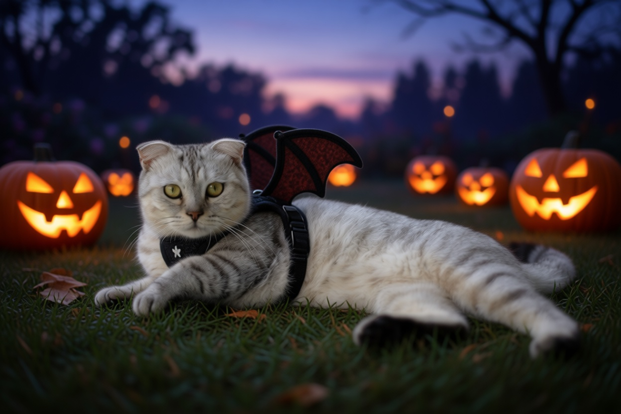 Tiny Bat cat wearing a harness with small bat wings in a twilight garden with glowing jack-o-lanterns