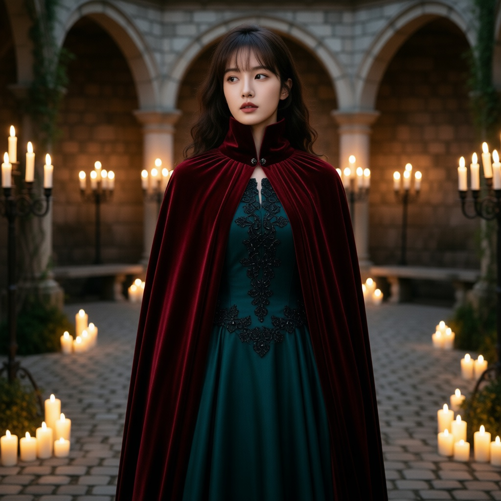 Velvet Vampire wearing a burgundy high-collared velvet cape in a candlelit courtyard
